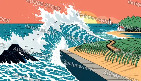 Huge Ocean Wave Crashing Against Coastal Wall At Sunset, Vector Illustration