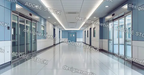 Empty Hospital Corridor With Modern Sliding Glass Doors And Clean Floor