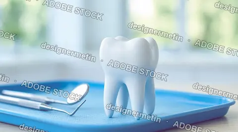 Tooth Model With Dental Tools On A Blue Tray In A Clinic