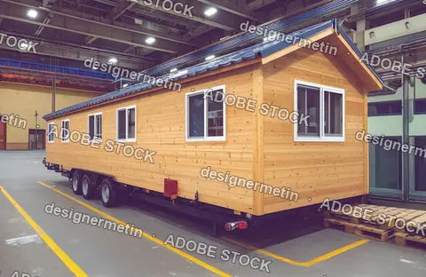 Wooden Tiny House On Trailer Chassis Inside Industrial Manufacturing Facility