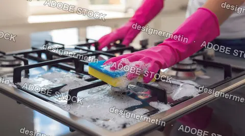 Woman Cleaning A Modern Gas Stove With Soapy Sponge In Kitchen