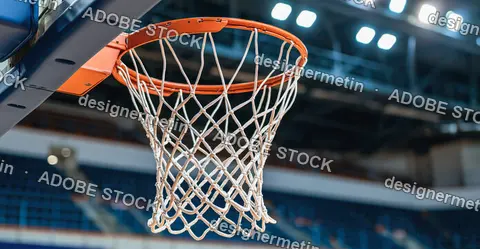 Basketball Hoop With Net Hanging Inside Illuminated Sports Arena