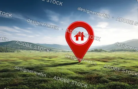 Red Map Pin With House Icon On Green Grass Field Under Blue Sky