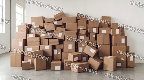 Huge Stack Of Cardboard Boxes Piled High Against A White Wall In An Empty Warehouse Room With Polished Concrete Floor