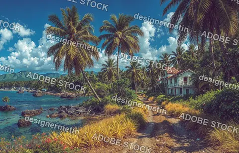 Tropical Coastal Road Beside Palm Trees And Ocean Shore