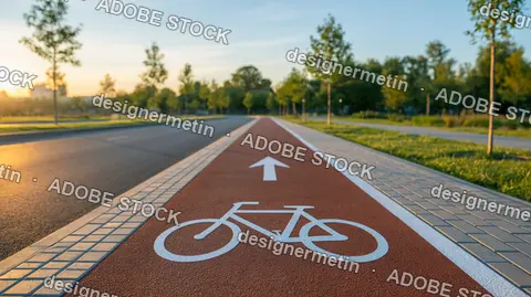 Red Asphalt Bicycle Lane With White Bike Symbol And Arrow Through Green Park
