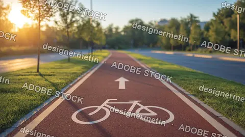 Bike Path With Bicycle Sign And Arrow Markings Next To Road And Green Grass At Sunset