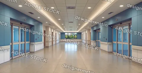 Empty Modern Hospital Corridor With Sliding Doors, Window View, And Bright Ceiling Lights