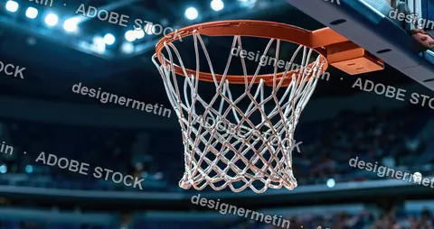 Empty Basketball Hoop With Net And Orange Rim Inside Arena With Bright Stadium Lights