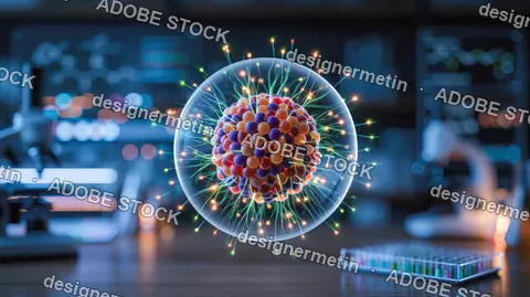 Vibrant Glowing Atom Or Cell Structure In Clear Bubble In A Science Laboratory Setting