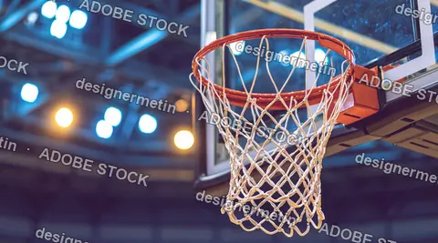 Basketball Hoop Net With Orange Rim And Backboard In A Brightly Lit Indoor Arena