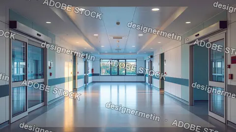Long Hospital Corridor With Glass Doors And Large Window Providing Natural Light