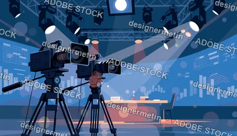 News studio with cameras and spotlights