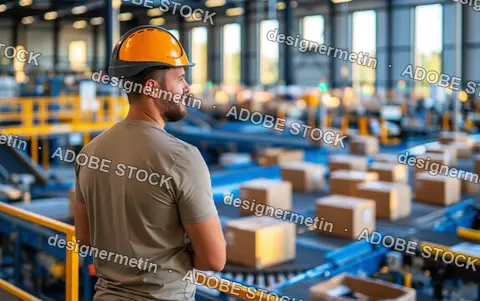 Happy Male Worker In Orange Hard Hat Overseeing Packages On A Conveyor Belt System