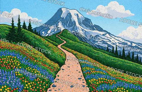 Vibrant Pointillism Painting Of Mountain Landscape With Flower Fields And Winding Path