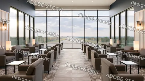 Spacious Airport Lounge Interior With Gray Armchairs And Large Windows Overlooking Runway
