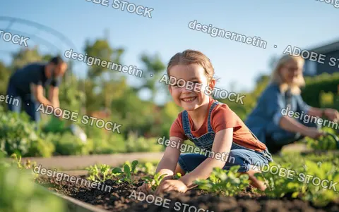 Happy Young Girl Planting Seedlings In Sunny Outdoor Community Garden On Bright Day