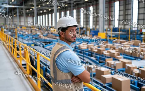 Thoughtful Worker In Safety Gear Looking Out Over Conveyor Belts Of Boxes In Factory