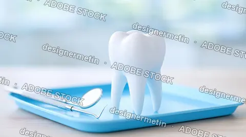 Large White Healthy Tooth Model And Dental Instruments On A Blue Tray In A Bright Clinic