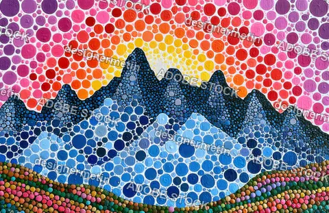 Beautiful Dot Painting Of Blue Mountain Landscape With Orange Sunset And Purple Sky