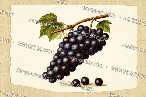 Botanical Illustration Of Black Grapes With Green Leaf On White Paper With Fabric Border
