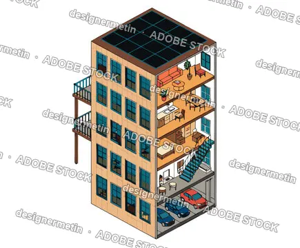 Isometric Cross Section Of An Apartment Building With Solar Panels, Vector Illustration