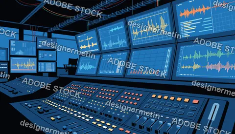 Vector Illustration Of An Audio Control Room With Sound Mixing Console And Monitors