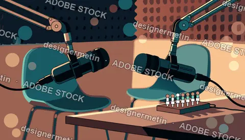 Podcast Studio Interior With Microphones And Soundboard Vector