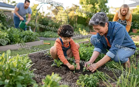 Little Boy And Grandmother Planting Seedlings Together In Sunny Backyard Garden