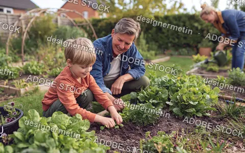 Smiling Grandfather And Grandson Planting Seedlings Together In A Lush Green Garden