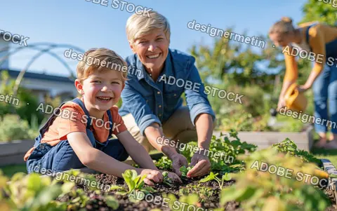 Happy Little Boy Planting With Grandmother In Garden, Woman Watering In Background