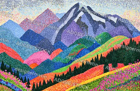 Pointillist Style Vibrant Mountain Landscape With Colorful Hills And Flowering Meadows