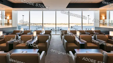 Empty Modern Airport Lounge With Many Brown Leather Armchairs And Parked Airplane View