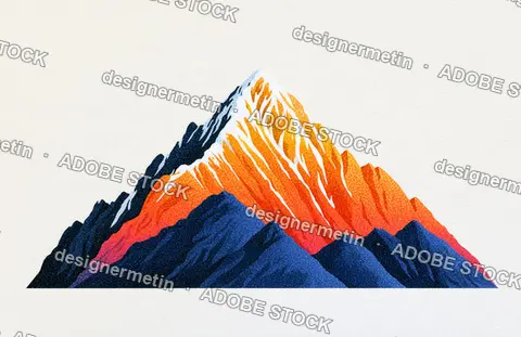 Dramatic Orange And Blue Mountain Range With White Peaks On Light Beige Background