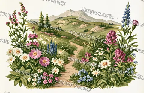 Wildflowers Border A Winding Path Through Green Mountain Landscape Illustration