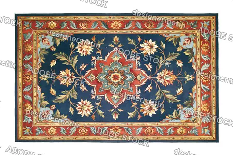 Vibrant Blue And Red Oriental Rug With Intricate Floral Motifs And A Detailed Border, Isolated On Transparent Background, Png