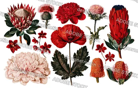 Vibrant Red Botanical Collection Of King Protea, Poppy, Thistle, Peony, Orchid, And Banksia Flowers, Isolated On Transparent Background, Png