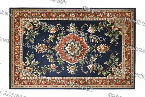 Large Rectangular Traditional Dark Blue Persian Rug With A Floral Pattern And Decorative Border, Isolated On Transparent Background, Png