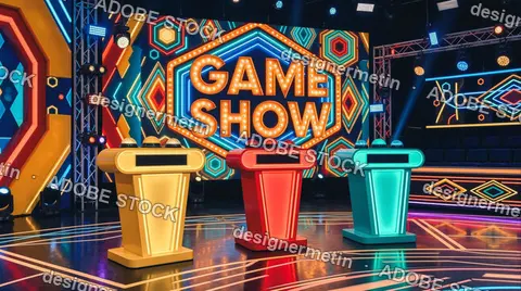 Three illuminated quiz-show podiums