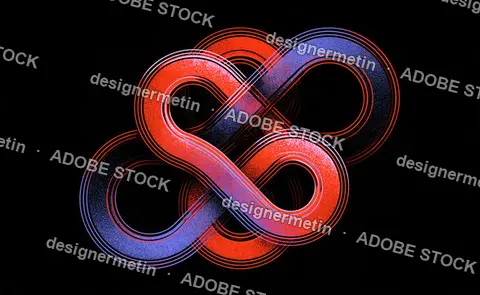Luminous Infinity Loops With Textured Red And Purple Curves On Black Background