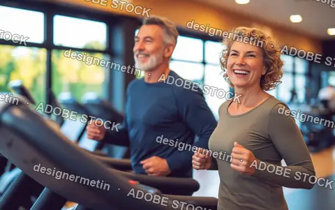 Senior Couple Smiling While Jogging On Treadmills In A Bright Gym