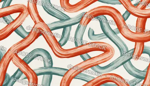 Modern Abstract Seamless Pattern With Curved Orange And Blue Brush Strokes