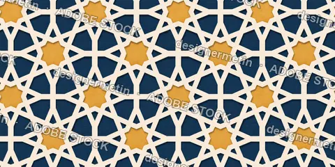 Traditional Islamic Seamless Pattern With Navy Blue And Gold Geometric Stars