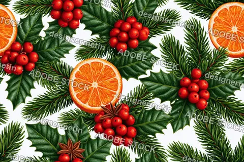 Festive Christmas Seamless Pattern With Orange Slices And Holly Berries