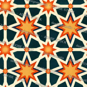 Vintage Ethnic Seamless Pattern With Orange Navy Symmetrical Star Shapes