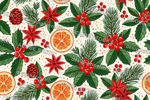 Festive Christmas Seamless Pattern With Orange Slices, Holly Berries And Pine Cones