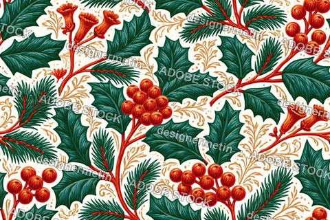 Vintage Christmas Seamless Pattern With Red Berries And Holly Leaves