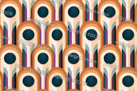 Retro Geometric Seamless Pattern With Orange Arches And Round Circle Motifs