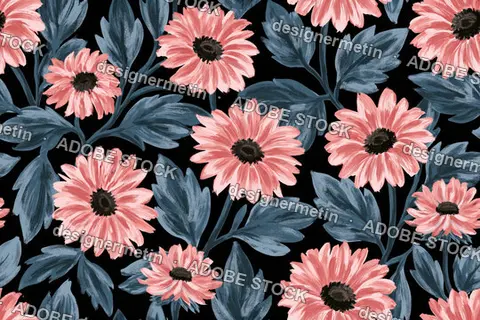 Floral Seamless Pattern With Pink Daisy Flowers And Blue Leaves On Black Background