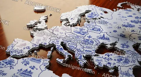 Abstract Blue And White European Map Puzzle On A Polished Wooden Table Surface